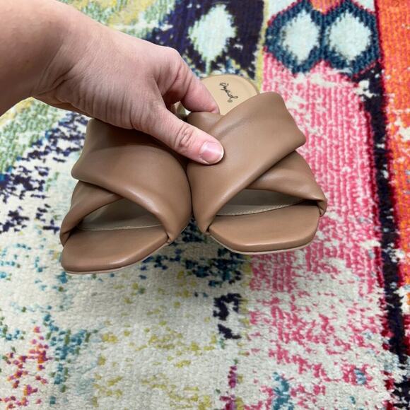 Qupid Brown Faux Leather Minimalist Crossover Heeled Sandal Heels 9 - Picture 4 of 8